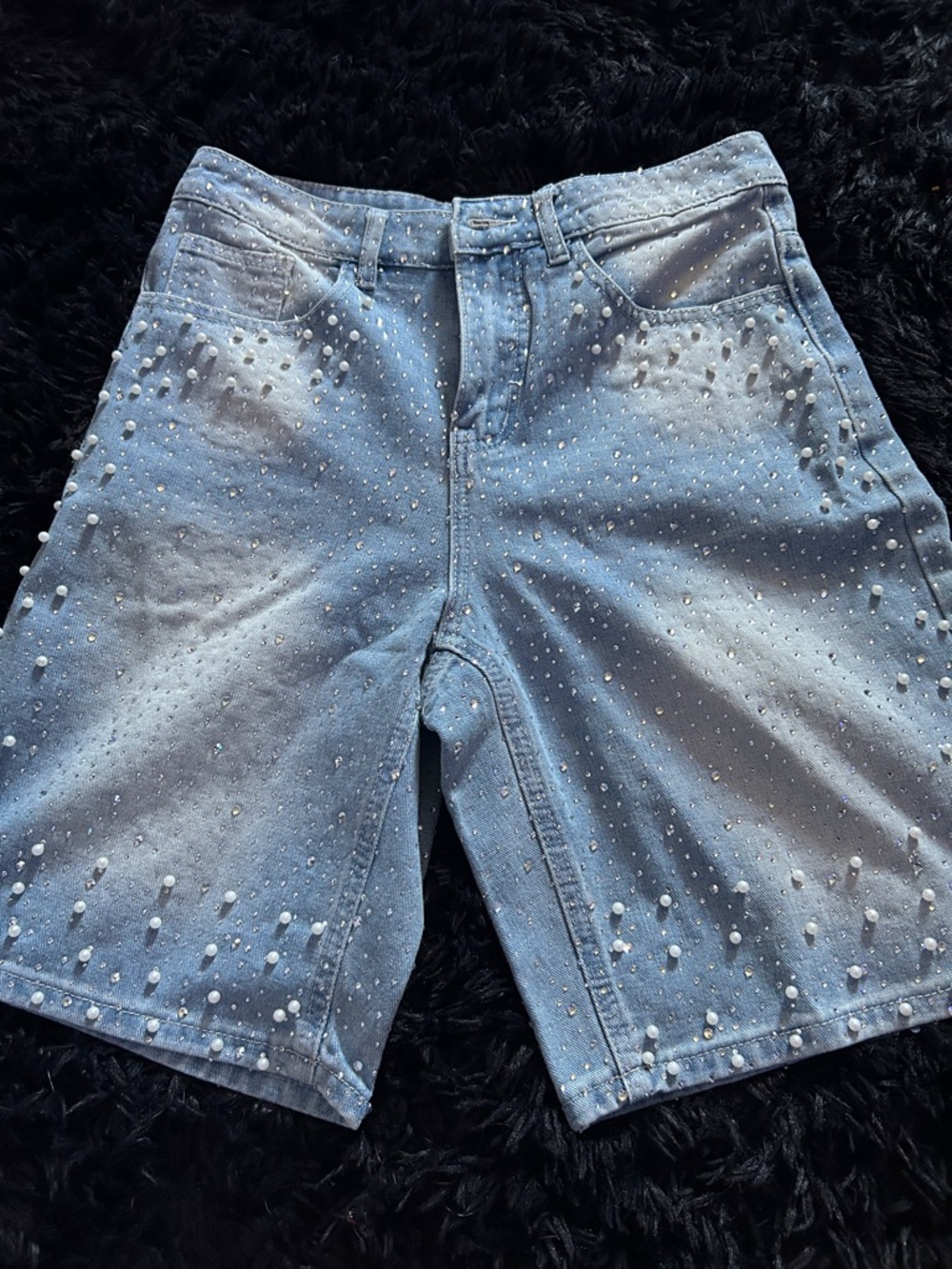Embellished Light Blue Denim Shorts